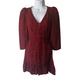 Zara Red V-Neck 3/4 Puff Sleeve Dots Fit and Flare Dress